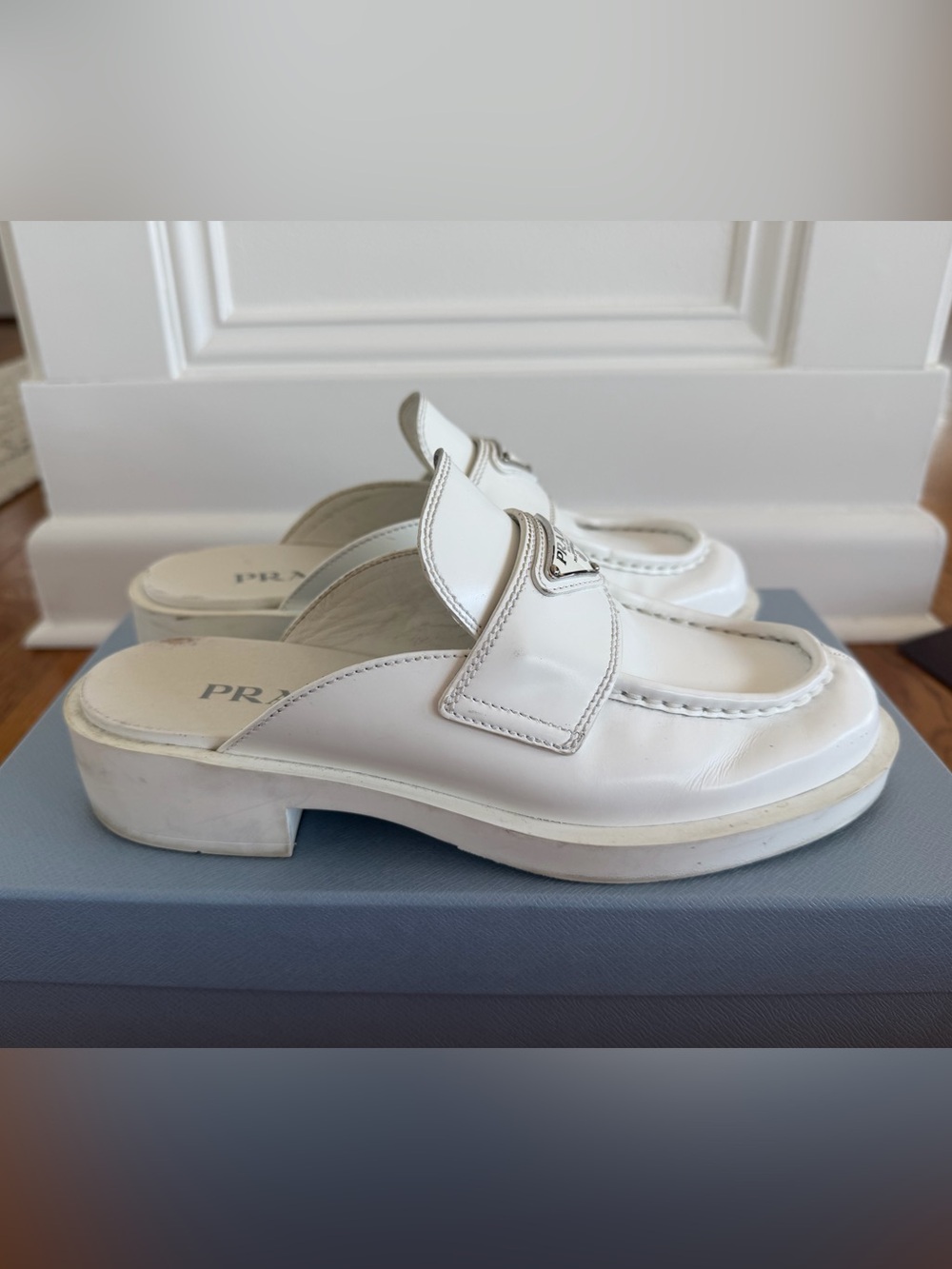 Prada White Triangle Logo Slip-On Loafers, size 38 - Picture 7 of 11